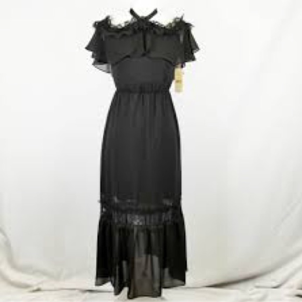 NWT NANETTE LEPORE Modern Glam Black Ruffle Off The Shoulder Maxi Dress Goth